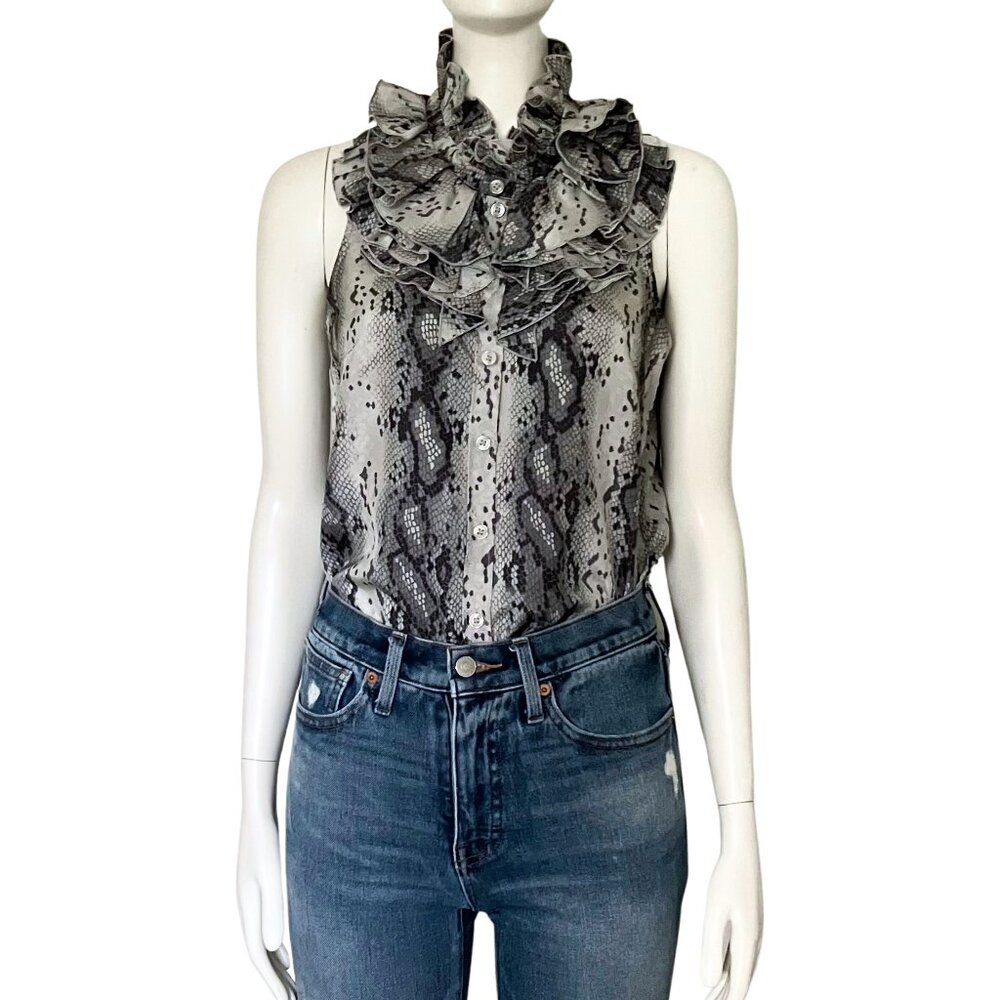 Vintage Y2K 100% Silk Grey Snake Print Ruffle Sleeveless Blouse XS 0 Whimsigoth